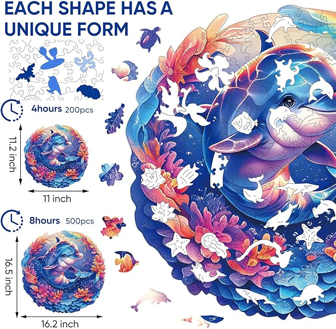 Qiuenisray Wooden Puzzles for Adults Dolphin Baby Jigsaw Puzzles 200 Pieces FSC Certified Unique Ocean Adult Puzzles Wood Puzzles Creative Gift for Family Game 11.2x11.2 in