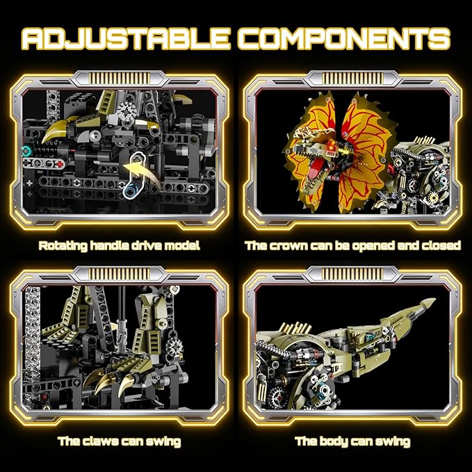 1277 Pcs Mechanical Dilophosaurus Building Blocks Set Steampunk Dinosaur Model with LED Eyes and Manual Linkage Robot STEM Display Gift for Adults&amp Teens