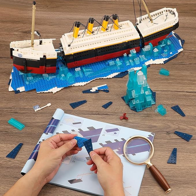 2 in 1 Titanic Building Set Titanic Big Ship Model Building Kit with Lights Bricks and Glacier Compatible with Lego for Adults Men 1928 Pieces STEM Construction Toy for Teens 14+