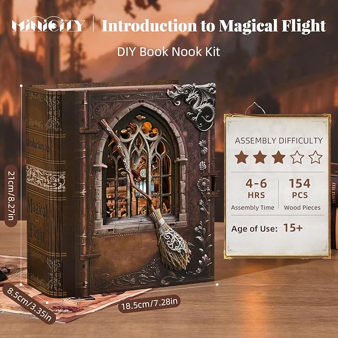 Book Nook Kit with LED Light Miniature House Kit for Birthday 3D Wooden Bookends Puzzle Bookshelf Decor for Adults Teens Beginners (Introduction to Magical Flight)
