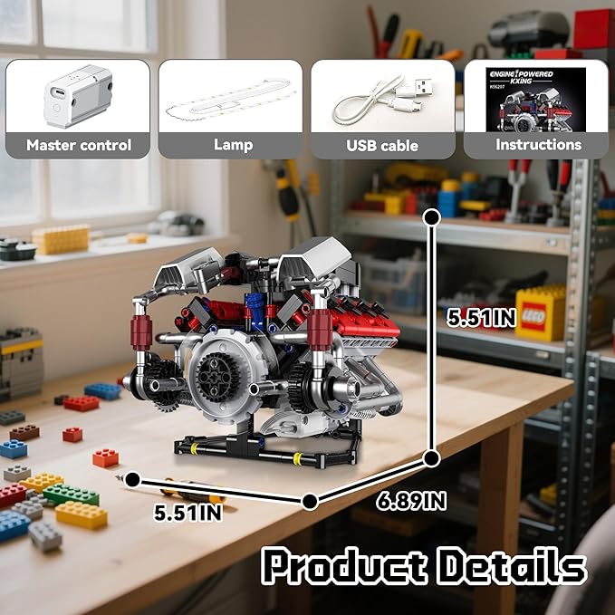 Mini V8 Engine Kits That Works Building Sets 8-Cylinder Model Technic with Motor APP Control &amp Light Mechanic Engineering Collection for Adults Boys 14 Years &amp Up