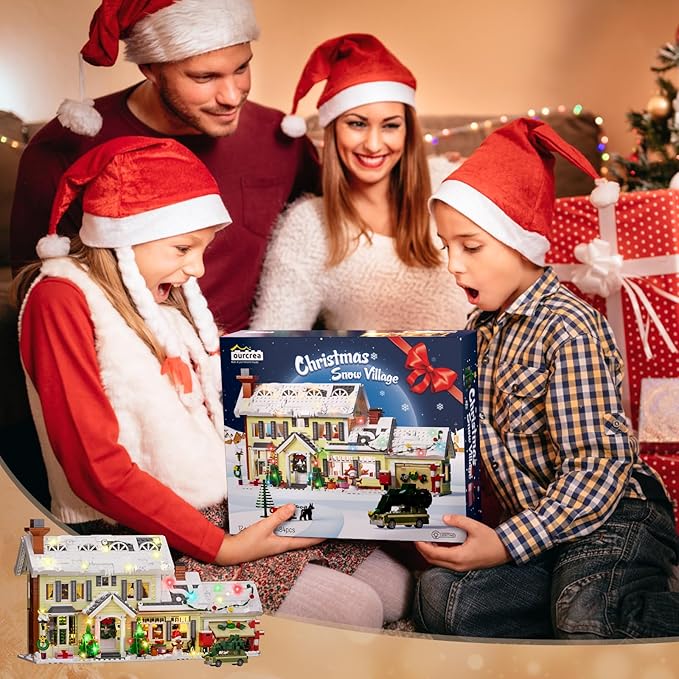 Christmas Holiday House Building Set DIY Christmas Holiday Snow Village with Clark's Car Christmas House Compatible with Lego Gifts for Boys Girls Family and Friends (1484pcs)