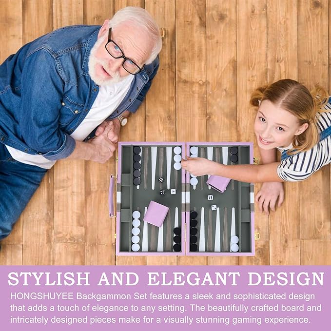 Backgammon Sets for Adults 15 inch Backgammon Purple Sets Classic Board Game with Premium Leather Case Portable Travels Strategy Backgammon Game Set for Adults Kids (Purple)
