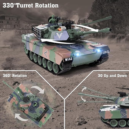 1:18 RC Tank 2.4Ghz M1A2 Remote Control Tank Model Toys 15 Channel Battle Army Toy with Smoke Light Sound Volume Switch Military Toy for Adult and Kid that Shoots BBS