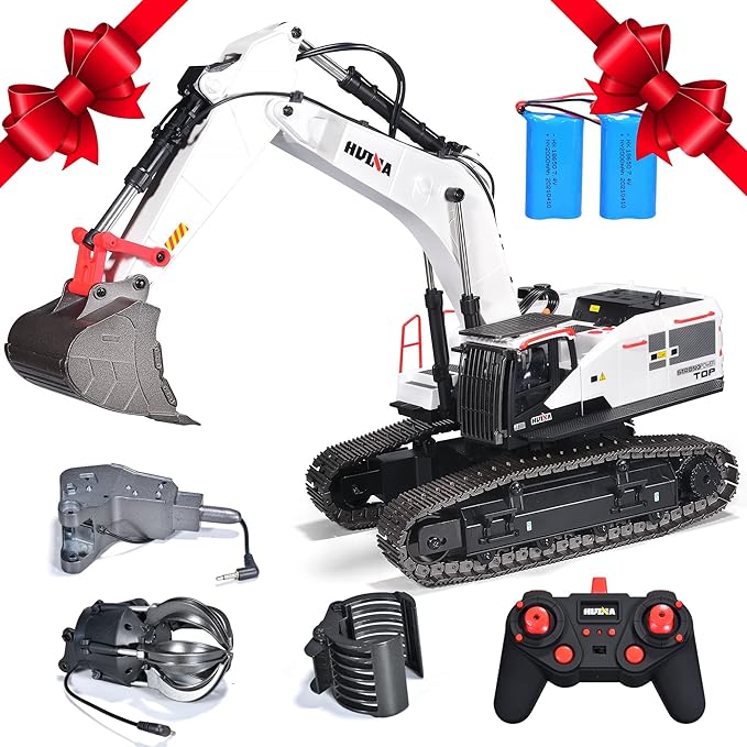 HUINA 1594 Metal RC 1:14 Excavator 28 Channel Digger Construction Vehicle Hobby Outdoor Gift Remote Control Tractor Crawler Toy Lights Sounds 4 attachments and 2 Rechargeable Batteries - 2026 Model