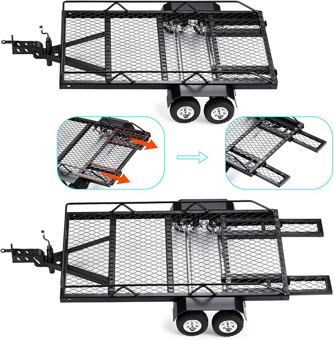 RC Trailer for Hauling Behind Car - Metal Hitch Mount Trailer with 4 Tires Heavy Duty Truck and RC Rock Cars Trailer for 1/18 RC Crawler TRX4M Defender Bronco K10 High Trail F150