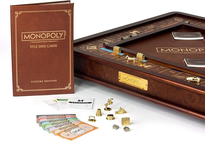 Monopoly Luxury Edition by WS Game Company Burl Wood Cabinet with Gold Foil Stamped Game Board Faux Leather Rolling Area and 2 Storage Drawers Premium Board Games for 2-6 Players