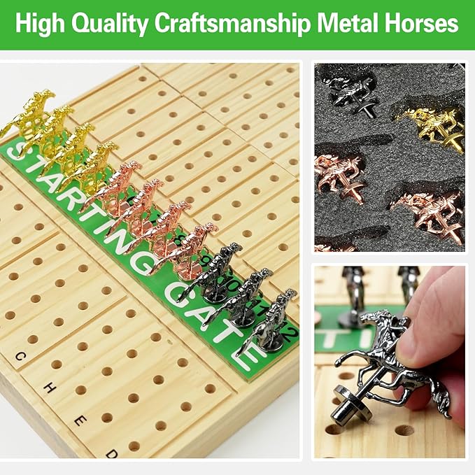 FUNNYB&ampG 21 inches Horse Race Board Game Foldable Large Horse Racing Game for Adults with 11 Metal Horses Solid Wood 60 Pcs Poker Chips 2 Dice 1 Pack of Cards for Family Tabletop Parties(Log)