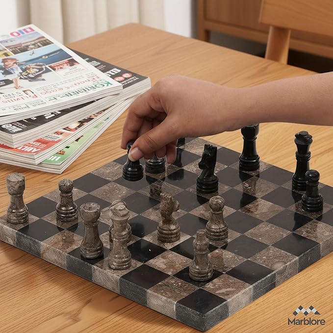 Marble Chess Set 10 Inch Oceanic &amp Black Travel Chess Board with 32 Pieces &amp 2 Extra Queens Luxury Decorative Stone Chess Game for Adults Ideal Gift for Women's Day