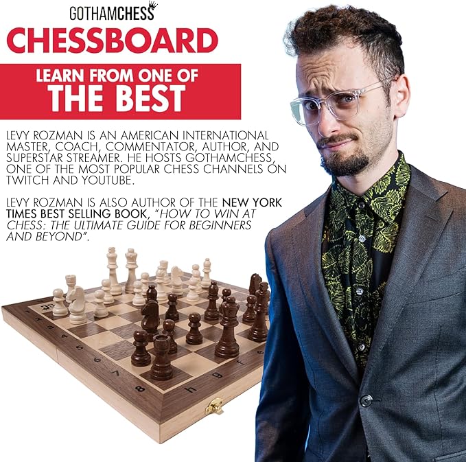 GothamChess Board | Foldable &amp Portable Magnetic Chess Pieces Organized Fitted Storage Includes Course by International Master Levy Rozman Game for Families &amp Adults | 15.75 x 15.75