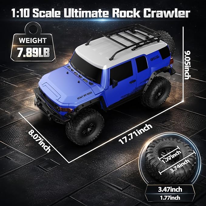 RC Cars RC Crawler 1/10 Scale RTR Remote Control Car 4WD 2.4GHz Brushed Offroad Racing Hobby Grade Model Vehicle with LED Lights 2Pcs Battery Toy for Kids and Adults