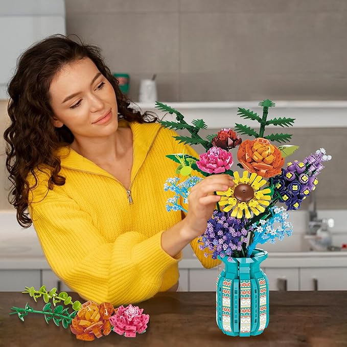 Flowers Bouquet Toys Building Blocks Set with Vase Roses Sunflower Hyacinth Hydrangea Artificial Plants for Adults Teen Girls Home Office Decor- 1853pcs