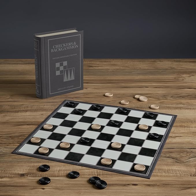 Checkers and Backgammon Vintage Bookshelf Edition by WS Game Company Linen Wrapped Book Box &amp Slipcase - Reversible Board Wooden Pieces - Checkers and Backgammon Sets for Adults &amp Kids Ages