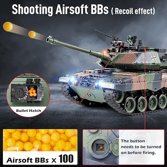 1:18 RC Tank 2.4Ghz German Leopard II Remote Control Tank Model Toys Battle Army Tank 15 Channel with Smoke Light and Sound Military Toy for Adults and Kids That Shoots BBS