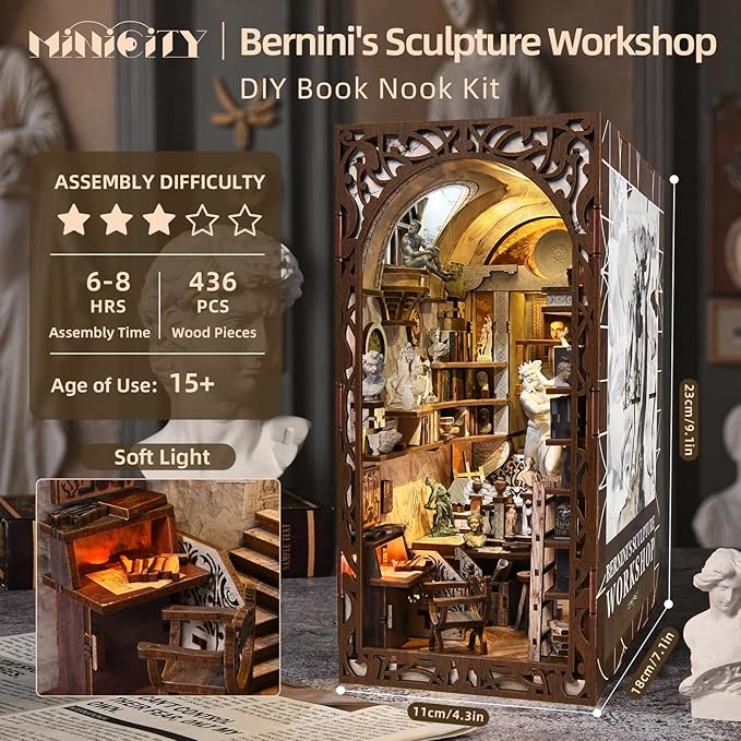 Book Nook Kit DIY Doll House Booknook Miniature Kit for Bookshelf Doll Houses for Adults Teen Halloween 3D Wooden Puzzle Bookends with Led Light and Dust Cover (Bernini's Workshop)