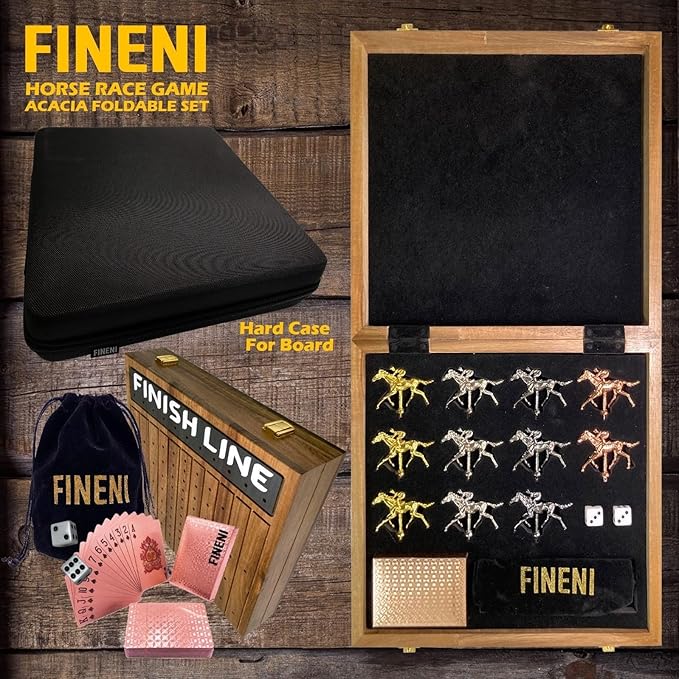Horse Racing Game for Adults - Foldable Board Game With 11 Luxurious Metal Horses (Gold Silver Black RoseGold) - 22 Acacia Wood Race Game Board Dice &amp RoseGold Card