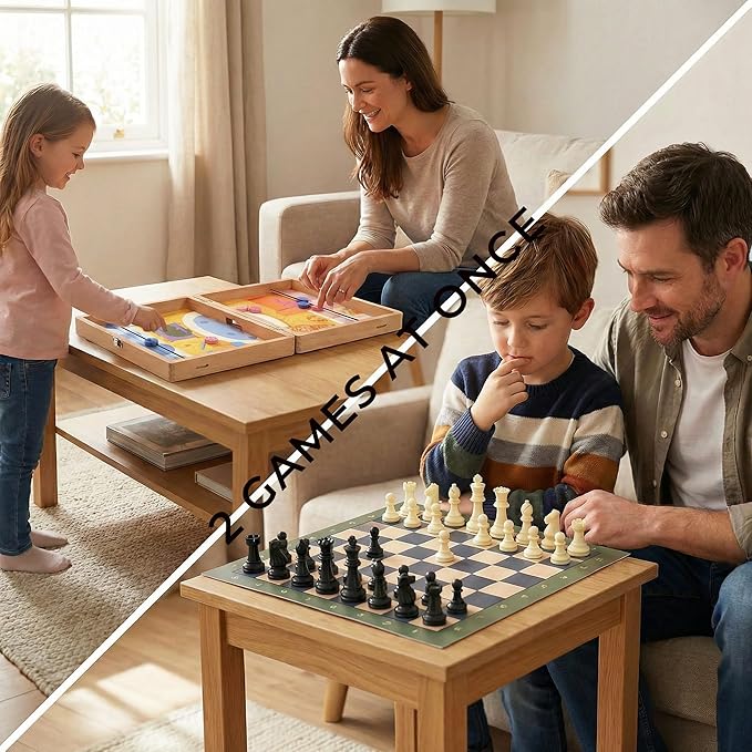 5-in-1 Wooden Board Games for Kids &amp Adults Premium Beech Wood Frame Family Game Center with Fast Sling Puck Detachable Flat Chess Board Chinese Checkers Ludo &amp Snakes and Ladders