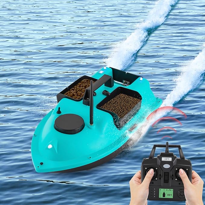 RC Bait Boat 600m/1968ft RC Bait Boat 3 Boxes 4.4LBS Loading Capacity with Dual 5200mAh Li-Ion Batteries and LED Lights for Professional Fishing (Blue (Without Lights))