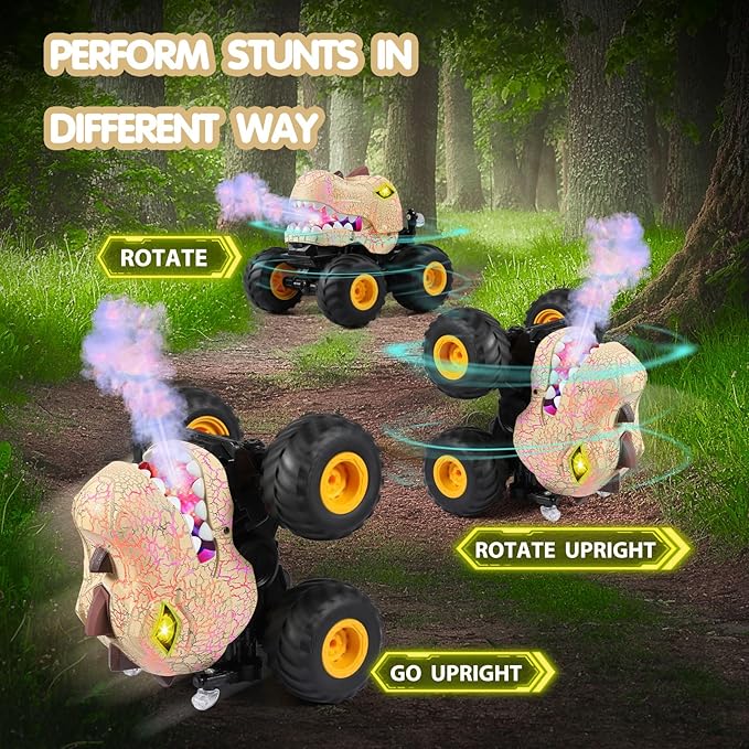 DYODYORC Remote Control Car 2.4Ghz All Terrain Dinosaur Monster Truck Toys RC Truck with Spay Music 3 Lighting Effects Stunt Capable Toy Gifts for Boys and Girls (Yellow)