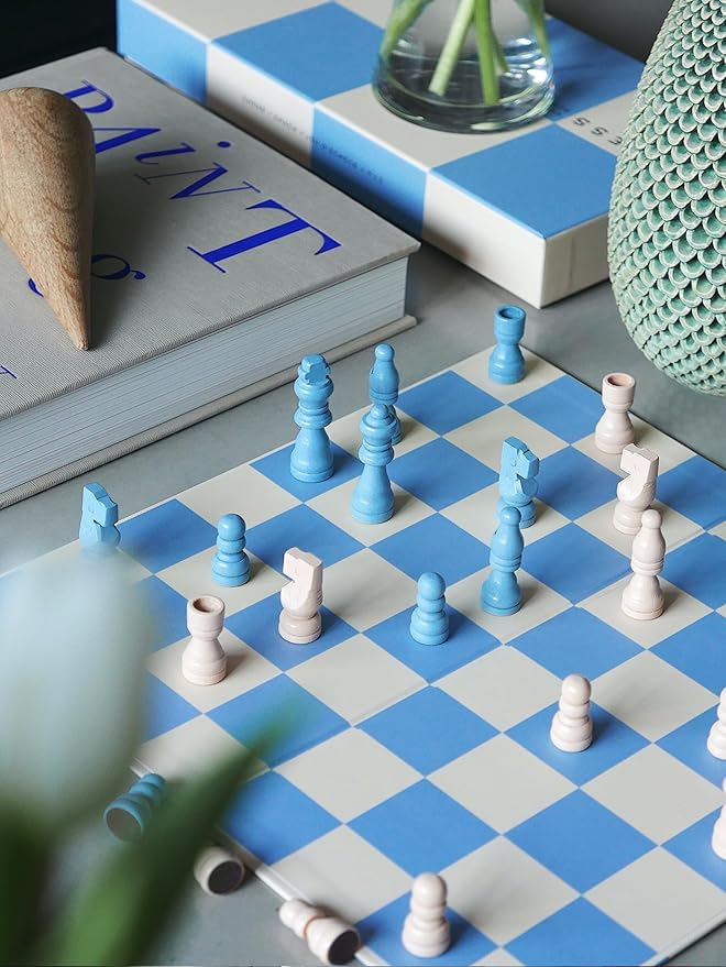 Printworks Play Chess – Blue Wooden Chess Set with Foldable Cardboard Board – Fun Coffee Table Game for Adults – Multilingual Instructions Included