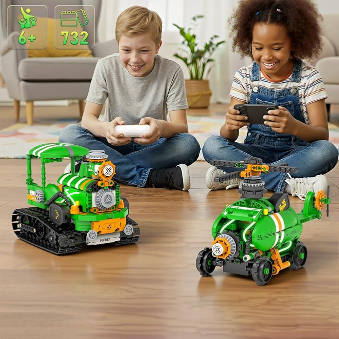 STEM Robot Building Kits for Kids 6-14 5in1 Remote &amp APP Controlled STEM Tractor/Frog/Robot Building Toys 732 Pcs Educational Building Block Sets for Kids Erector Sets Gifts for Boys Girls