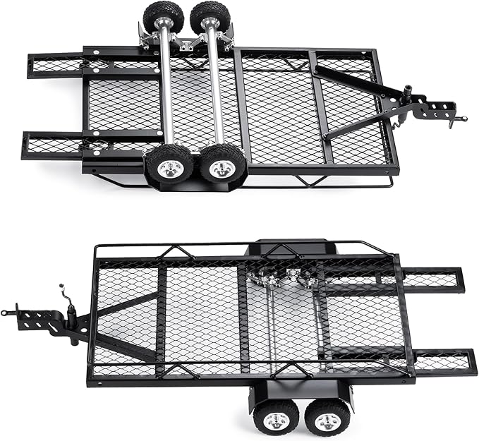 RC Trailer for Hauling Behind Car - Metal Hitch Mount Trailer with 4 Tires Heavy Duty Truck and RC Rock Cars Trailer for 1/18 RC Crawler TRX4M Defender Bronco K10 High Trail F150