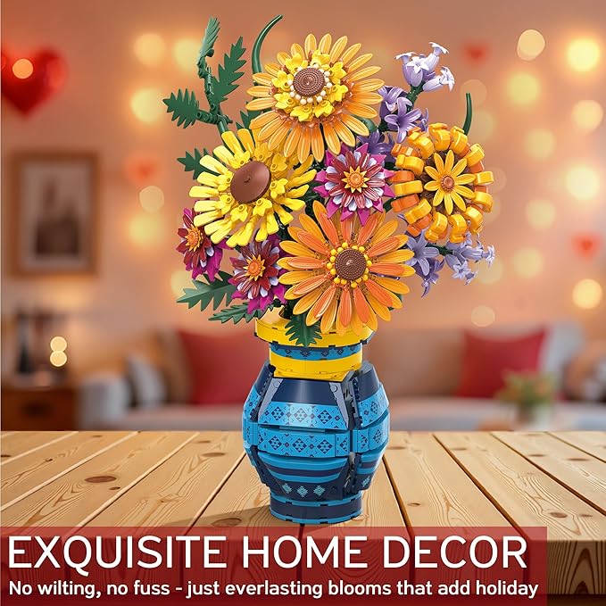 Flower Bouquet Building Blocks Set with Vase Mothers Day Mom Grandma Gifts 1065PCS Artificial Sunflower Botanical Nurse Teacher Appreciation Birthday Gifts for Wife Women Her Him Teen Girls Adults