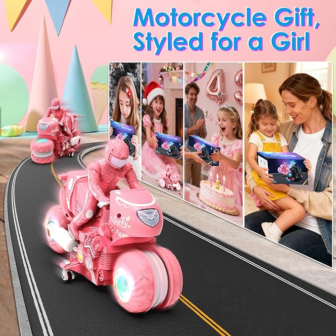 Remote Control Motorcycle for Girls with RGB Wheels Lights RC Motorbike Toy 360° Rotations 55 Min Play Stunt Motocross with Rider 2.4Ghz RC Dirt Bike Birthday Xmas for Girls 4-12 (Pink)
