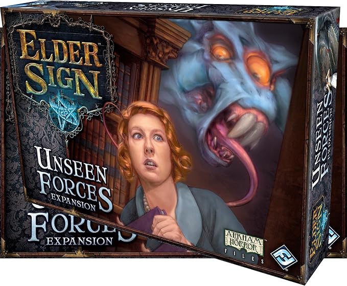 Elder Sign Unseen Forces Board Game EXPANSION - Mystical Blessings Curses and New Challenges! Cooperative Dice Adventure Ages 14+ 1-8 Players 1-2 Hour Playtime Made by Fantasy Flight Games