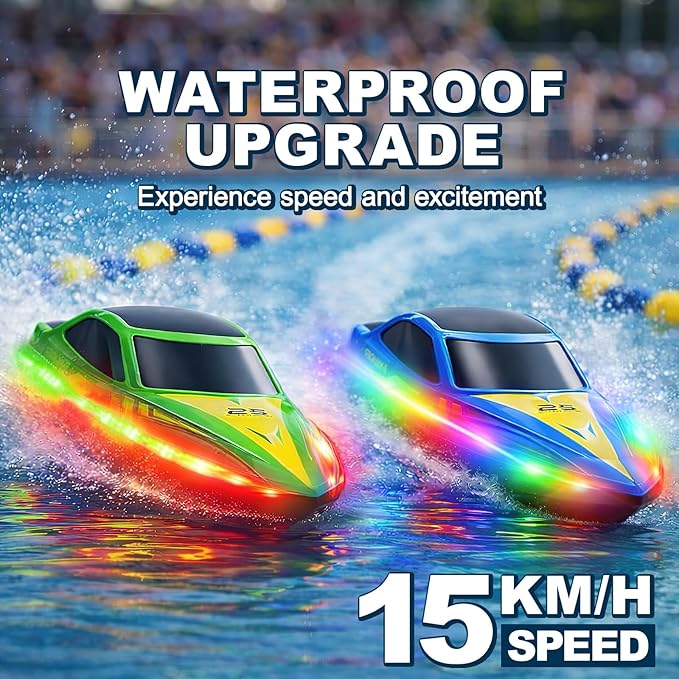 RC Boat 2 Pack Remote Control Boats with 7-Mode Colorful LED Lights 10 Inch RC Boats 15KM/H High Speed 2.4GHz Remote 3 Speed Modes 4 Batteries for Kids &amp Adults Pool &amp Lake Racing