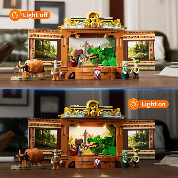 Medieval Troupe Carriage Lighting Building Bricks Set - Middle Ages City Town Playset Multi-Form Modular Collection Display Kit with Minifigures 1248 Pcs for Adults &amp Teens
