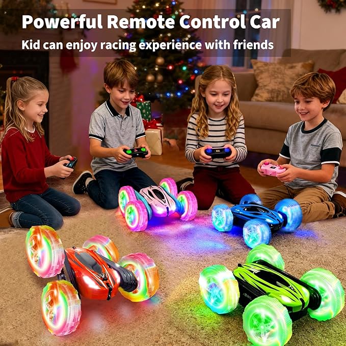 lumiparty 4Pack Remote Control Car Toys for Kids 2.4GHz RC Stunt Cars with Wheel Lights Drift High Speed 4WD Off Road Double Sided 360° Rotating Cars for Boys Girls.