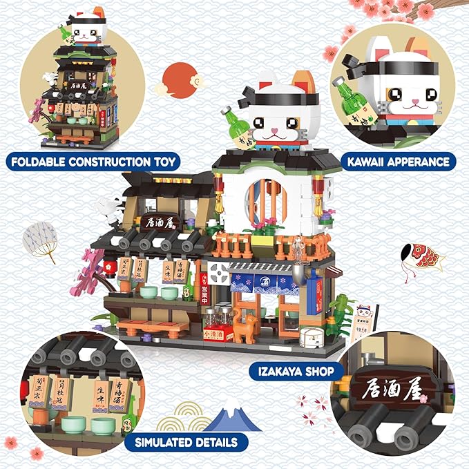 Japanese Street View Izakaya Shop Mini Building Blocks Set MOC Creative Cute Japanese Toys 809 PCS Simulation Architecture Construction Toy Gift for Adults Kids Girls 6-12 Not Compatible with Lego