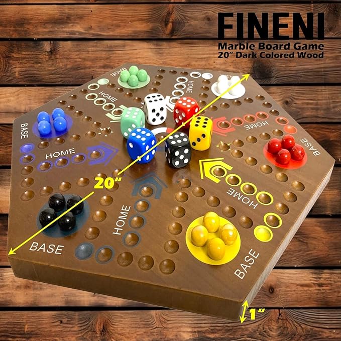 Wooden Board Games Marble Board Game Original with Dual Sides Fast Track Board Game for 2 to 6 Players Double Side Marble Game 6 Colors 30 Marbles Set and 6 Color 6 DicePouch (20 Dark)