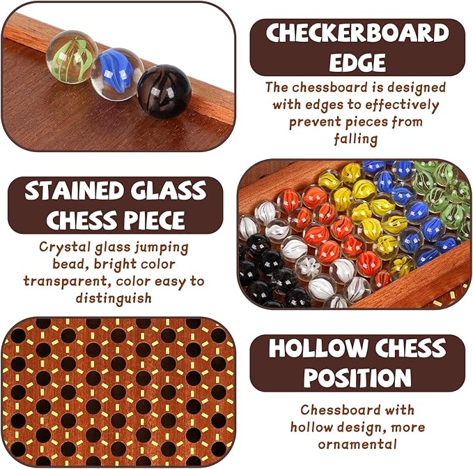 15-Inch Wooden Chinese Checkers Board Game Set – Classic Strategy Game with 72 Glass Marbles Dual-Sided Storage Drawer Family Board Games for Adults Educational Travel and Indoor Game