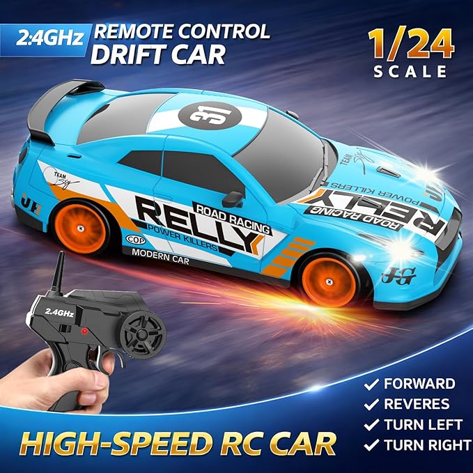 RC Drift Car Remote Control Car 2.4GHz 1:24 Scale 4WD 15KM/H High Speed Model Vehicle LED Lights Drifting Tire Racing Sport Toy for Adult Boys Girls Kids Gift 2Pcs Rechargeable Batterie
