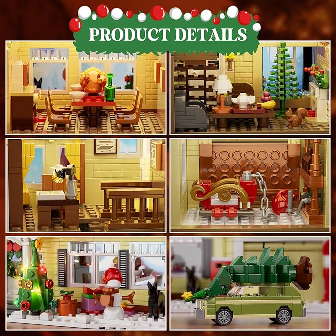 Christmas Holiday House Building Set DIY Christmas Holiday Snow Village with Clark's Car Christmas House Compatible with Lego Gifts for Boys Girls Family and Friends (1484pcs)