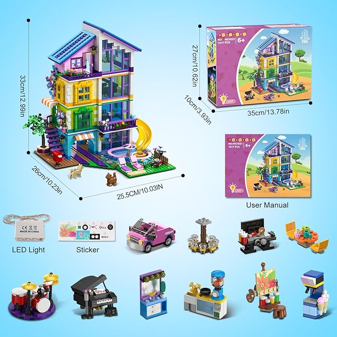 HOGOKIDS Girls House Building Set with LED Light - 1317 PCS Friends Villa Block Toy with Car and Pool Garden 4 Floor Building Kit for Role Play Birthday Gift for Girls Boys Kids Ages 8-14+