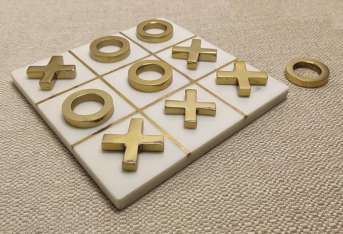 Marble Tic Tac Toe Game 8x8 Premium Handcrafted Natural Marble Board Game Modern Coffee Table and Home Decor Perfect for Living Room Unique Gift Decorative Board Game Set White and Gold XO