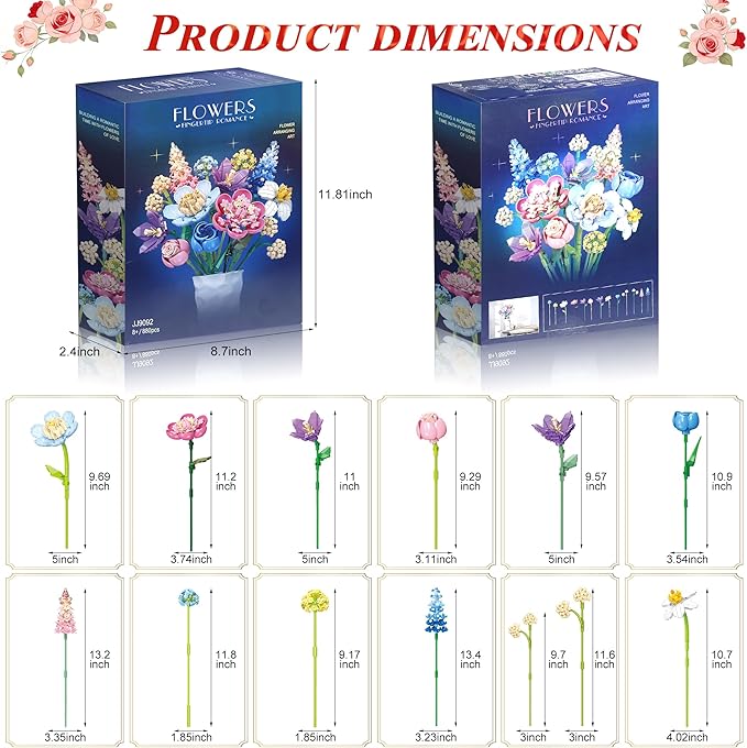 Flower Building Set for Adults.880-Piece Artificial Bouquet Set Compatible with Lego.DIY Floral Building Toy for Ages 8+.Romantic Flower Bricks Kit for Lover.Baby.Mother.Home Decor &amp Gift