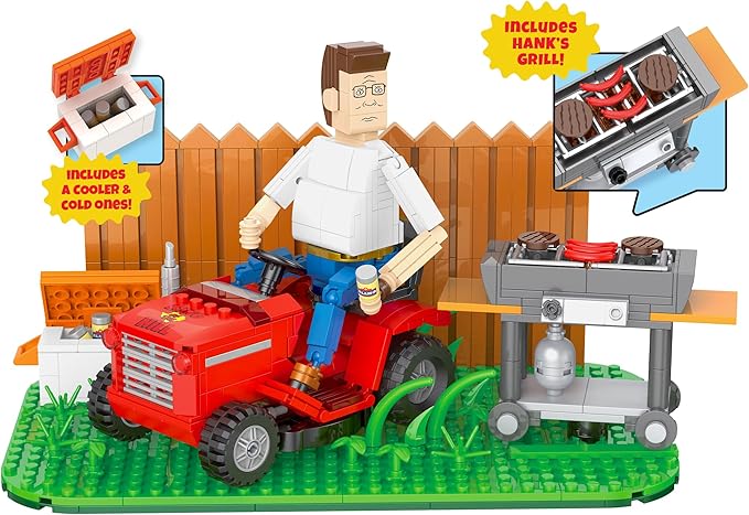 Brickcraft King of The Hill Hank Hill’s Backyard Building Kit (586-Piece Set) Hank Hill Figure Lawn Mower Grill &amp Cooler Animated TV Show Collectible Display Xmas Christmas