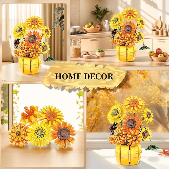Van Gogh Sunflower Building Set Adjustable Flowers Bouquet for Adults Teens 1009PCS Botanical Collection Compatible with Lego Home Decor Gift for Any Occasion