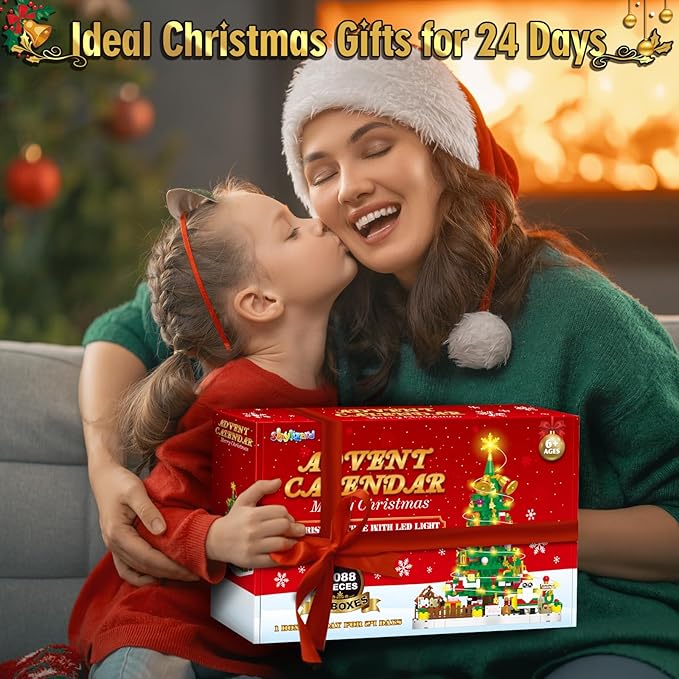 Advent Calendar 2025 Adult 1088 Pieces Christmas Tree Building Kit with Led Light 24 Days Christmas Countdown Christmas Tree Building Toy Set Ideal Xmas Gift Toy for Teen Boy