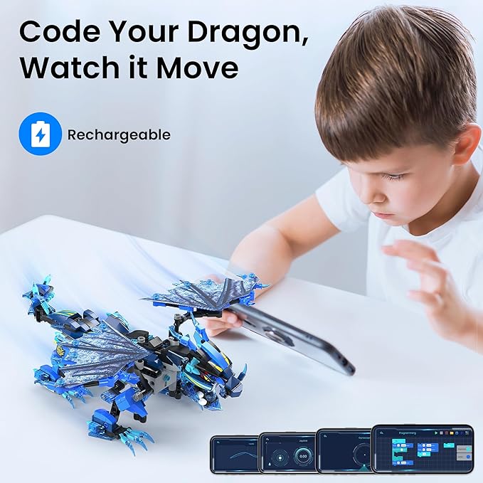Sillbird Dragon Building Kit with Remote Control STEM Gifts for Kids Boys Ages 8-12 Technic Buildable 3in1 Models Coding Toys for Birthday with 590 Pieces