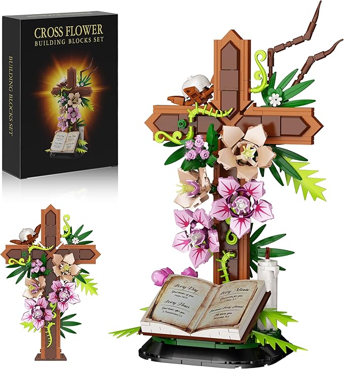 Cross Flower Building Set Religious Cross Collectibles Compatible with Lego Jesus Catholic Building Toys Easter Christian Birthday Gifts for Mothers Women or Adults
