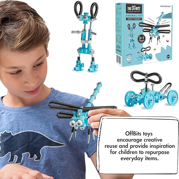 The Off Bits Erector Set: Animal Mini STEM Toys for Kids 6+ Toy Building Sets with Nuts &amp Bolts STEM Building Toys Gifts for Boys and Girls (Blue Dragonfy)
