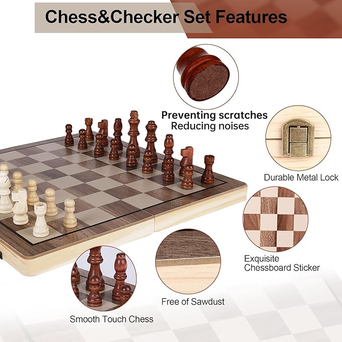 15 Inch Wooden Chess SetsChess &amp Checkers Set with 2 Extra QueensFoldable Wooden Chess Set Board for AdultsHandmade Portable Chess Board Game for Familly Travelling Gift