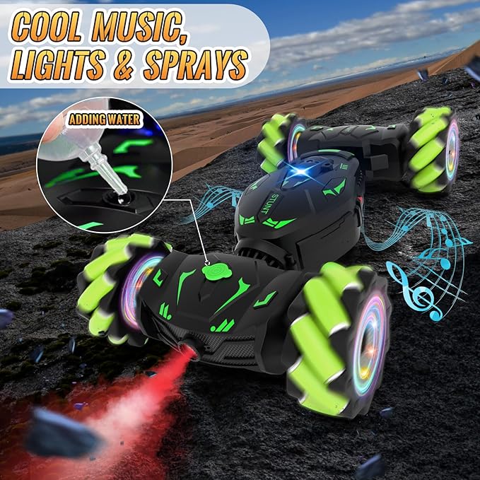 Pristar Gesture RC Toys for Boys 6-12 RC Sensing Stunt Car with Cool Spray Lights Music Double Sided Flip 360 Rotate 4WD Off-Road