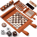 Woodronic 3 in 1 Travel Chess Backgammon Checkers Set Roll-up Leather Backgammon Set with 32 Premium Pearl Pieces and 5 Dices Portable Travel Chess Board Game Set for Adult13x10 Kinch