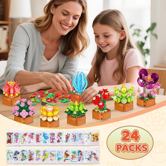 24 Pack Flowers Succulents Building Set - 2160PCS Botanical Collection 3.6MM Mini Flower Kit for Home Office Décor Plant Blocks Toy Easter Party Favors Gifts for Adults Women Kid 10+